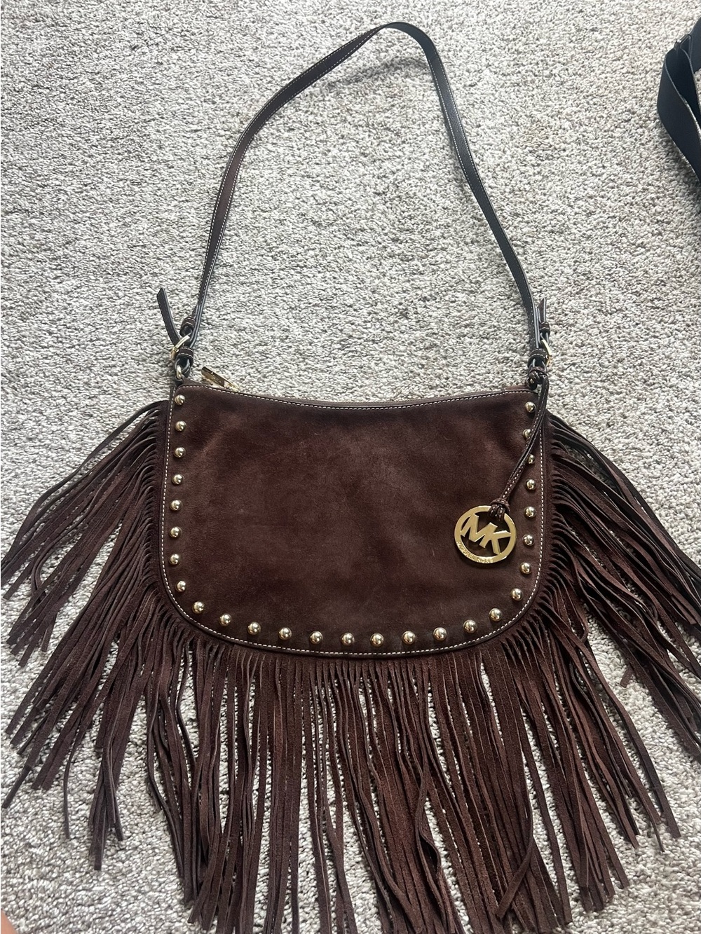Michael Kors Dark Brown Suede Fringe Shoulder Bag with Gold MK Charm